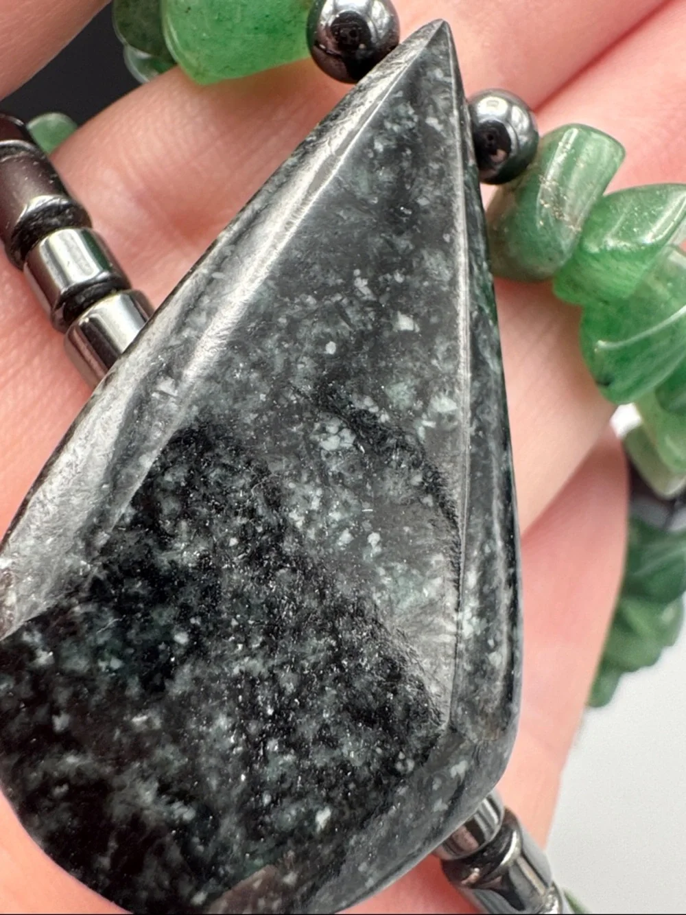 Green Gemstone Chip Necklace with Teardrop Pendant